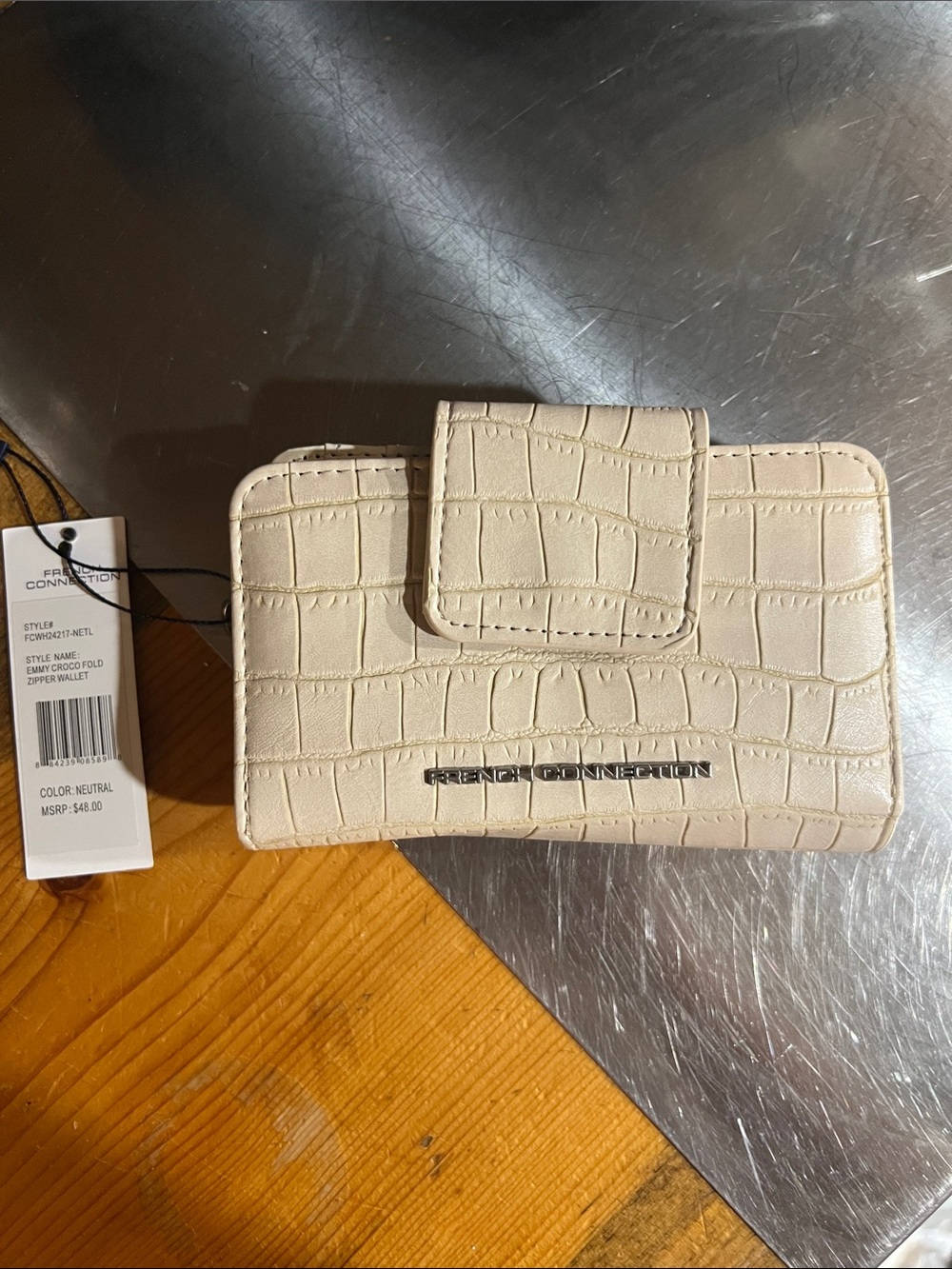 French Connection Cream Croc-Embossed Snap Wallet